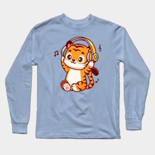 Cute Tiger Listening Music With Headphone Cartoon Long Sleeve T-Shirt